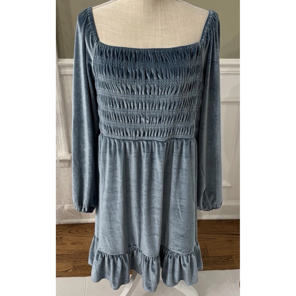 LC Lauren Conrad Smocked Velvet Mini Dress Sz Large Blue Womens